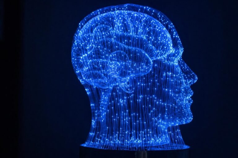 A glowing blue fiber-optic sculpture shaped like a human head and brain, made of connected points of light, against a dark navy background