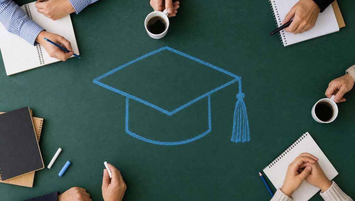 A green chalkboard table with a blue chalk drawing of a graduation cap in the center hands notebooks and coffee cups around the edges | edCircuit A green chalkboard table with a blue chalk drawing of a graduation cap in the center hands notebooks and coffee cups around the edges