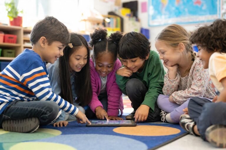 A group of smiling diverse children sitting in a circle on a classroom rug around a tablet computer, bright natural light, colorful room