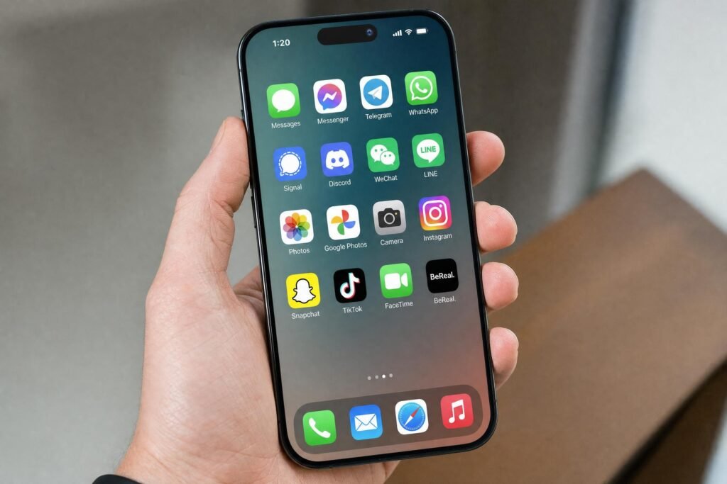 A hand holding a smartphone with a grid of colorful generic chat and photo app icons on the screen close up shallow depth of field soft indoor light