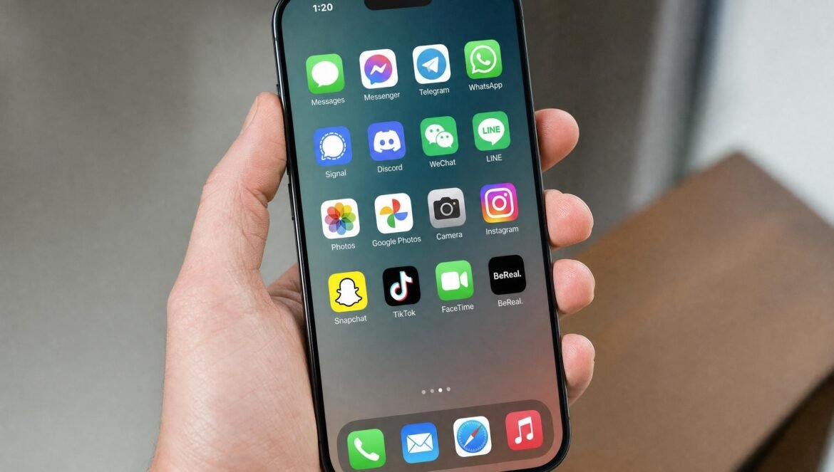 A hand holding a smartphone with a grid of colorful generic chat and photo app icons on the screen close up shallow depth of field soft indoor light