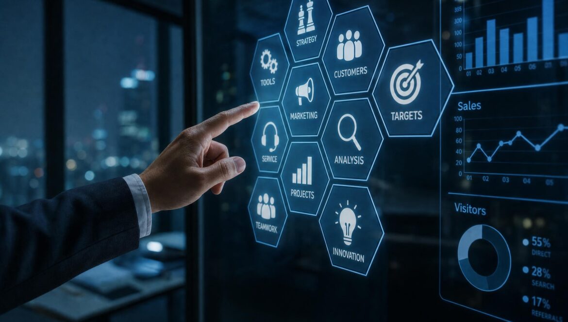 A hand reaching toward a transparent glass screen showing glowing blue hexagon icons and small charts dark blue office lit by the screen light | edCircuit A hand reaching toward a transparent glass screen showing glowing blue hexagon icons and small charts dark blue office lit by the screen light