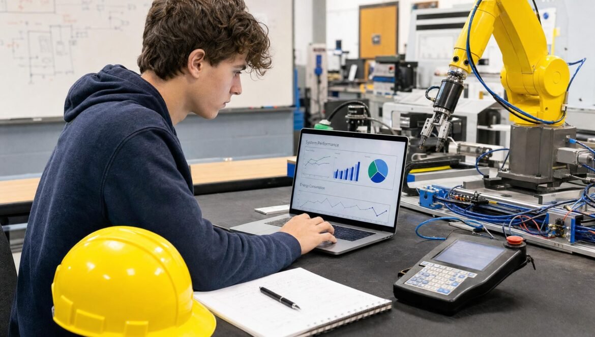 A high school student studying charts on a laptop beside a robotic arm in a technical training lab a yellow hard hat resting on the bench bright light | edCircuit A high school student studying charts on a laptop beside a robotic arm in a technical training lab a yellow hard hat resting on the bench bright light