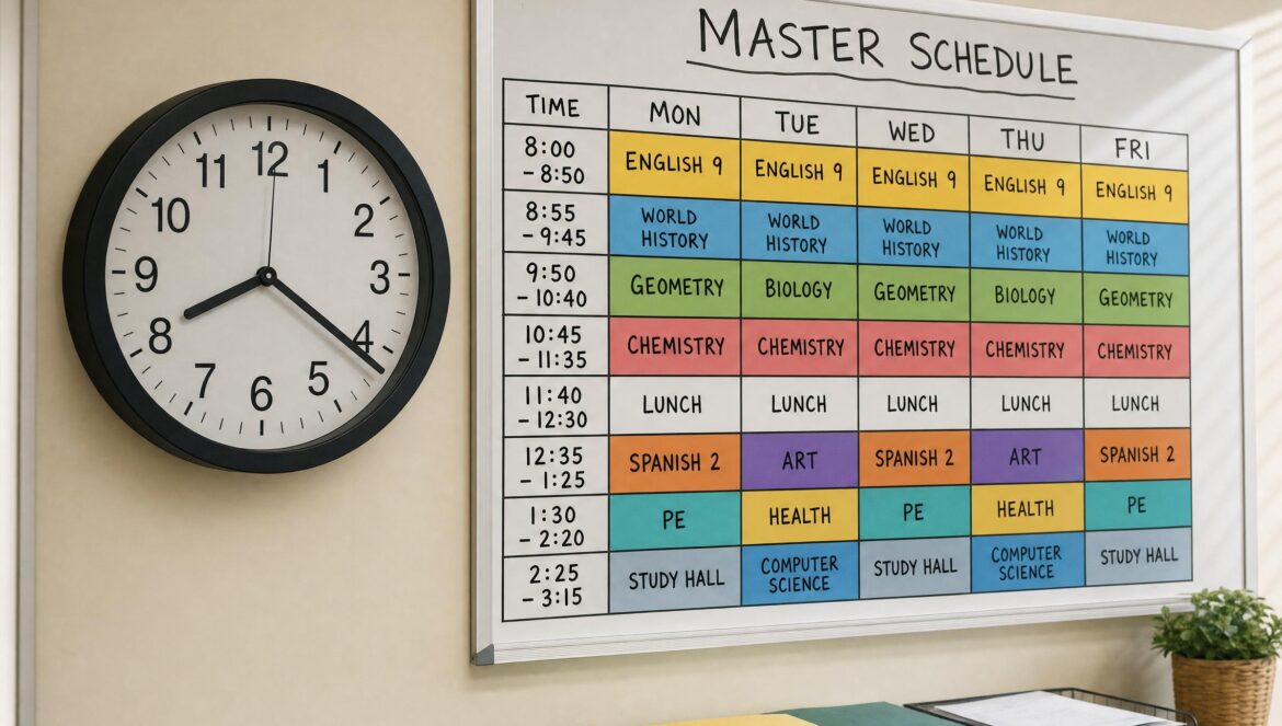 A large wall clock in front of a whiteboard grid of colored class periods labeled MASTER SCHEDULE in a school office bright morning light