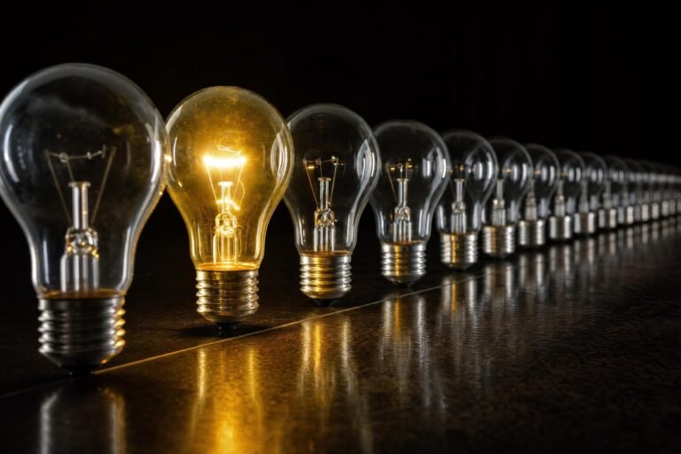 A long row of clear light bulbs on a dark reflective surface with only one bulb glowing bright yellow, dramatic low light