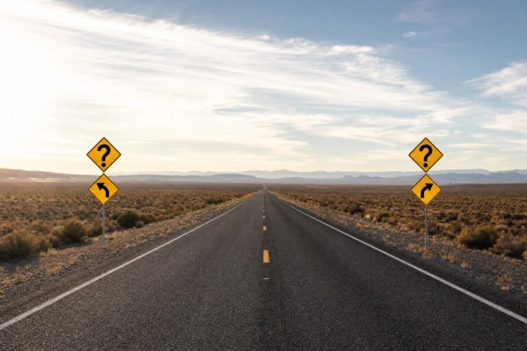 A long straight road leading to the horizon with yellow road signs showing a question mark and curving arrows on both sides, bright hazy sky