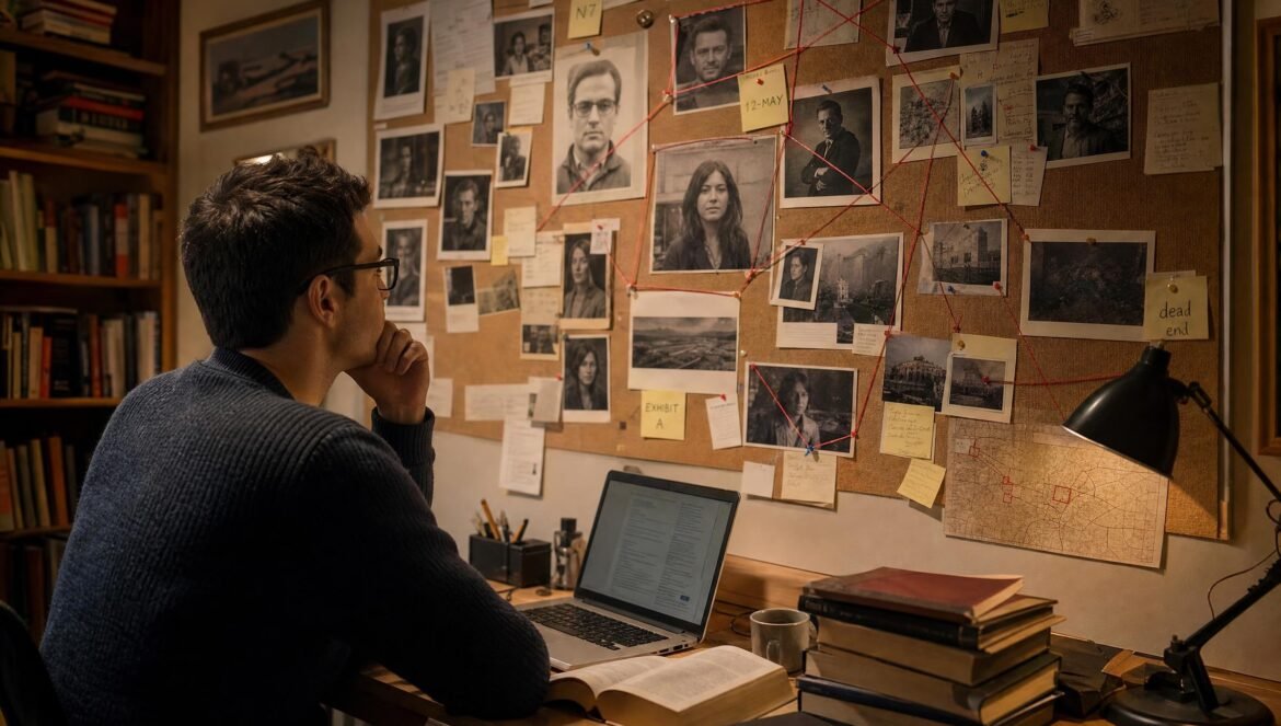 A man in glasses at a desk studying a wall board of printed portraits connected by string and sticky notes books and a laptop on the desk warm evening light