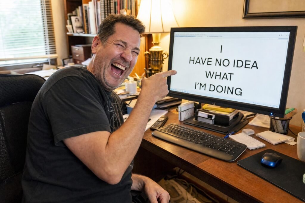 A man laughing loudly and pointing at a desktop computer screen in a cluttered home office warm indoor light | edCircuit A man laughing loudly and pointing at a desktop computer screen in a cluttered home office warm indoor light