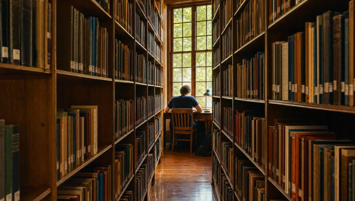 A narrow aisle between tall wooden library bookshelves leading to a reader studying at a desk by a sunlit window | edCircuit A narrow aisle between tall wooden library bookshelves leading to a reader studying at a desk by a sunlit window
