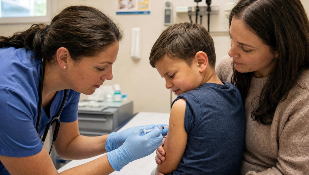 A nurse giving a vaccine injection in the upper arm of a young boy while his mother comforts him in a clinic warm indoor light