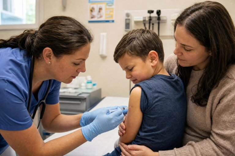 A nurse giving a vaccine injection in the upper arm of a young boy while his mother comforts him in a clinic, warm indoor light