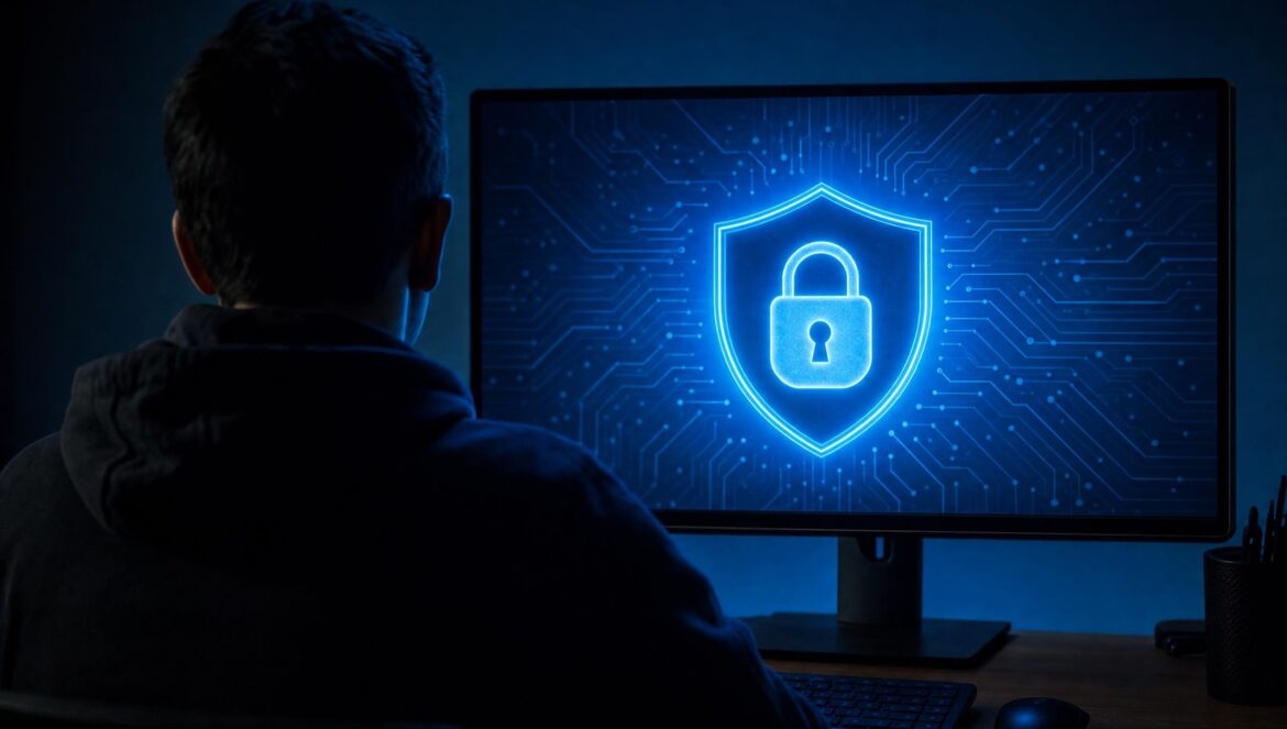 A person silhouetted in a dark room facing a large monitor showing a glowing blue padlock shield icon blue screen light