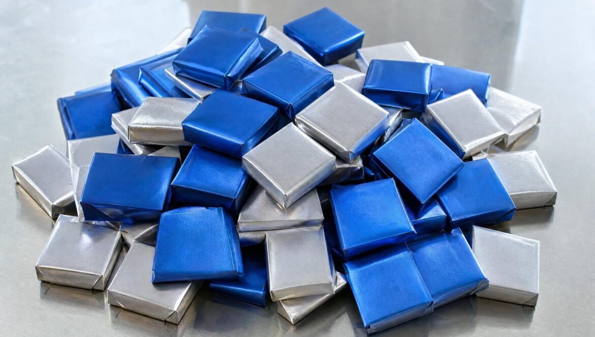 A pile of small square chocolates wrapped in plain blue and silver foil on a reflective table soft overhead light