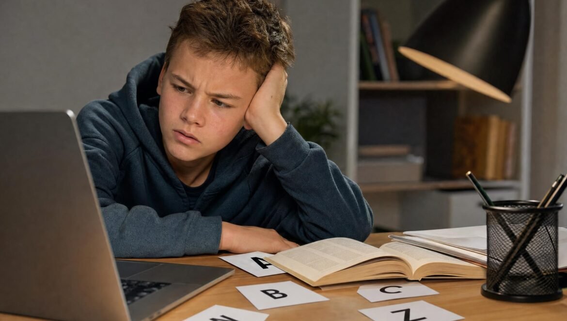 A puzzled teenage student resting his head on his hand at a laptop an open book and alphabet letter cards on the desk