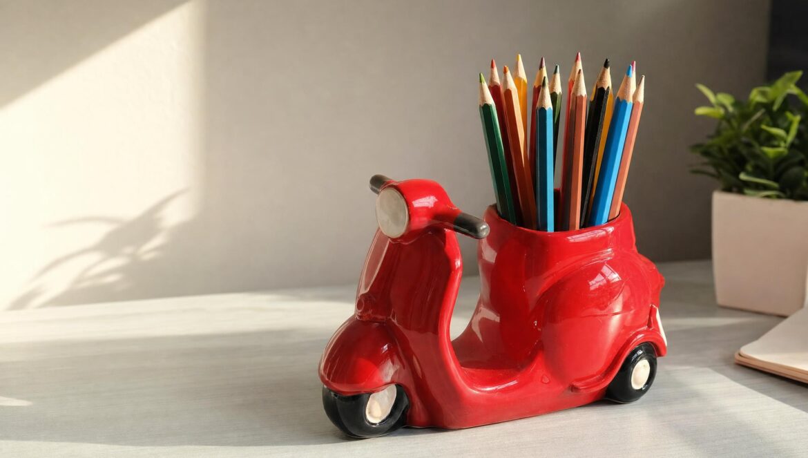 A red ceramic scootershaped pencil holder filled with coloured pencils on a pale grey desk casting a long soft shadow in warm side light | edCircuit A red ceramic scooter shaped pencil holder filled with coloured pencils on a pale grey desk casting a long soft shadow in warm side light