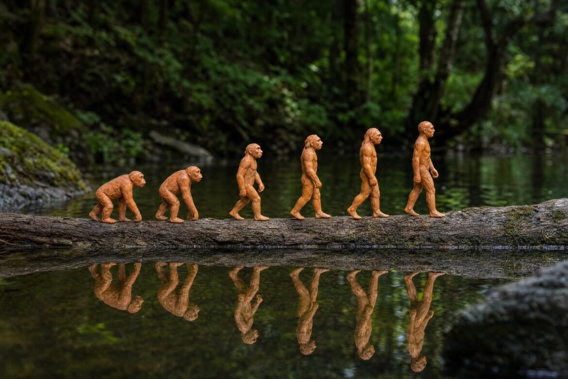 A row of small orange carved figures showing the stages of human evolution from ape to upright person, standing on a log over still water with their reflections