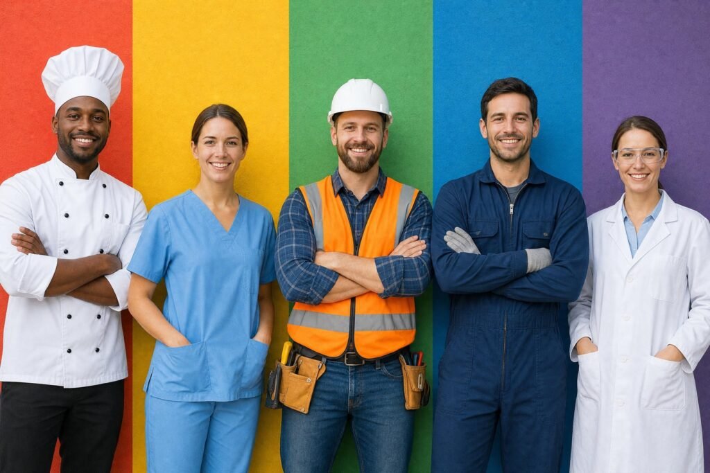 A row of smiling adults in different work uniforms a chef a nurse a builder in a hard hat a mechanic and a scientist standing against a bright colorful wal | edCircuit A row of smiling adults in different work uniforms a chef a nurse a builder in a hard hat a mechanic and a scientist standing against a bright colorful wal