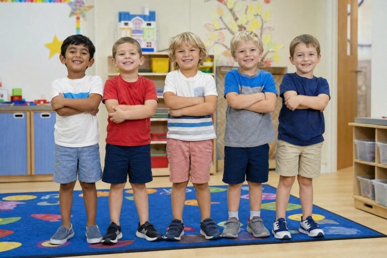 A row of smiling young boys in t-shirts and shorts standing with arms crossed in a colorful kindergarten classroom, bright indoor light