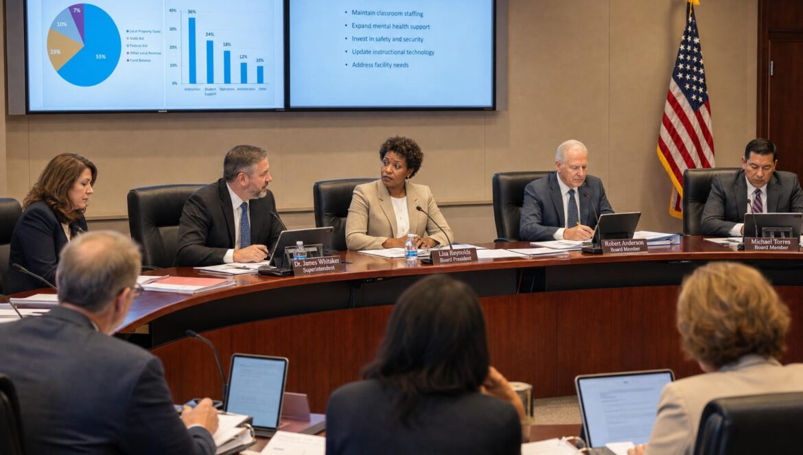 A school board meeting around a polished conference table with binders and laptops wall screens showing budget charts and a flag in the corner soft overhead l