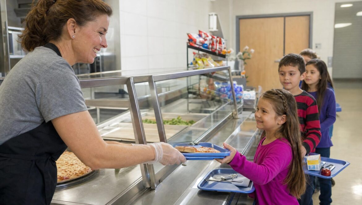 A school cafeteria worker in an apron handing a tray with a slice of pizza to young students in the lunch line stainless steel counter bright lights
