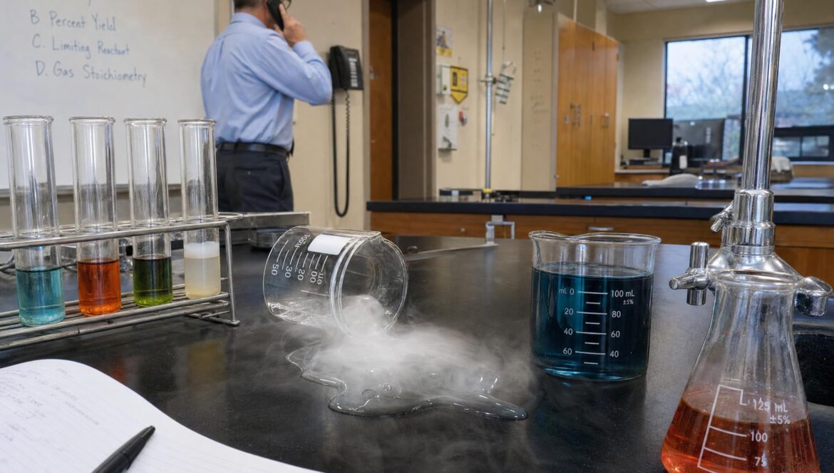 A school chemistry lab bench with a tippedover beaker and a small spill giving off white vapor test tubes in a rack a teacher on the wall phone in the backgr | edCircuit A school chemistry lab bench with a tipped over beaker and a small spill giving off white vapor test tubes in a rack a teacher on the wall phone in the backgr