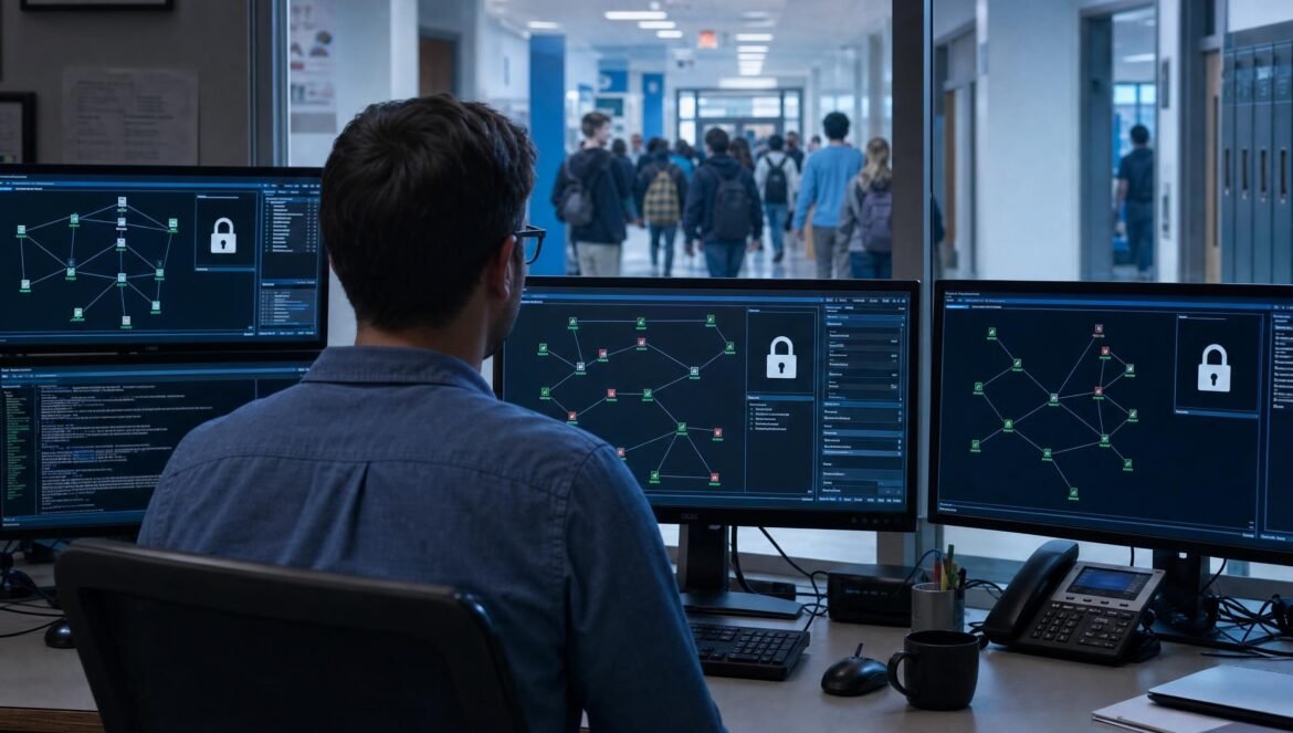A school IT administrator from behind facing several monitors showing network maps and padlock icons a hallway of people visible through a glass wall cool blu | edCircuit A school IT administrator from behind facing several monitors showing network maps and padlock icons a hallway of people visible through a glass wall cool blu