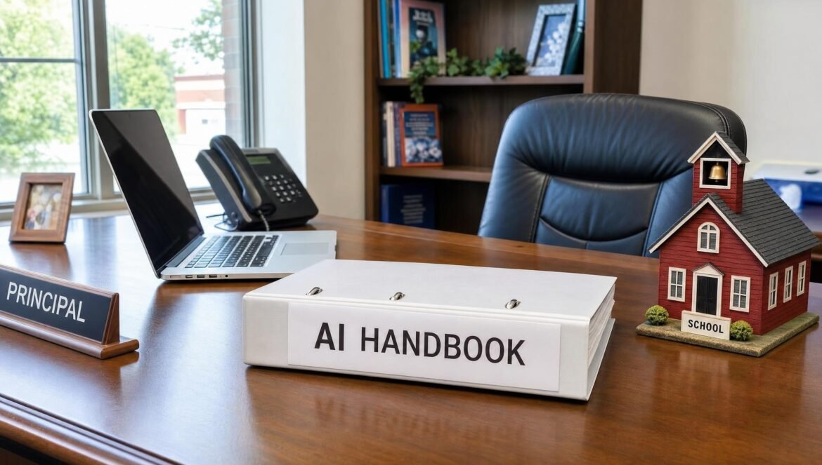 A school principal desk with a binder labeled AI HANDBOOK an open laptop and a small model schoolhouse bright office light