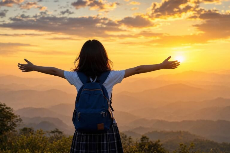 A schoolgirl with a blue backpack seen from behind with her arms stretched wide, facing a glowing golden sunrise over a hazy horizon