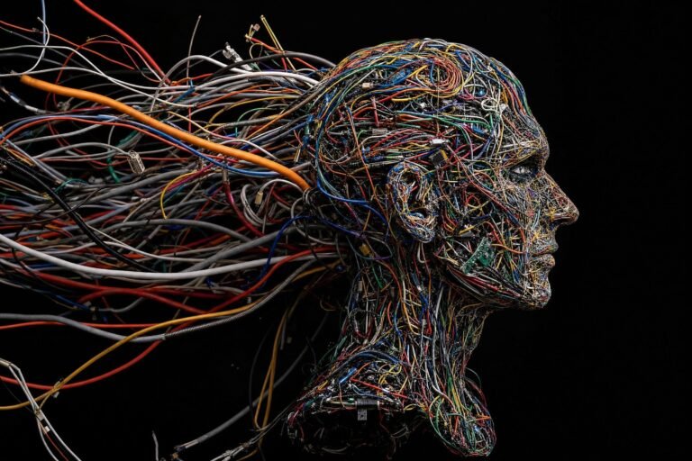 A sculpted human head made of tangled colorful wires and cables trailing behind it like tentacles, against a black background