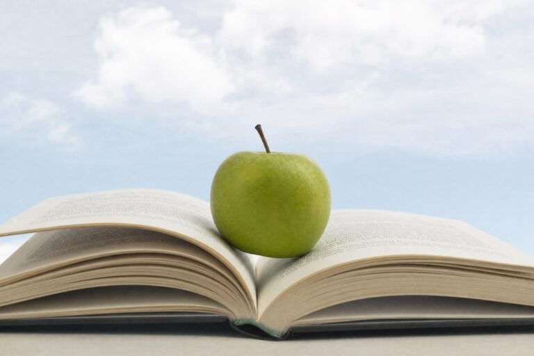 A single green apple resting on an open book against a pale cloudy sky, soft bright daylight, minimal composition