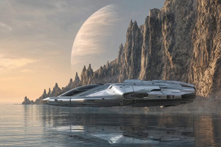 A sleek silver futuristic spacecraft hovering low over calm ocean water beside jagged rocky cliffs, a large pale planet rising in the hazy sky, cinematic dusk l