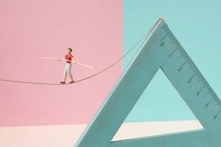 A small figurine of a tightrope walker balancing on a string stretched across a large painted wooden triangle ruler, colorful pastel backdrop, soft studio light