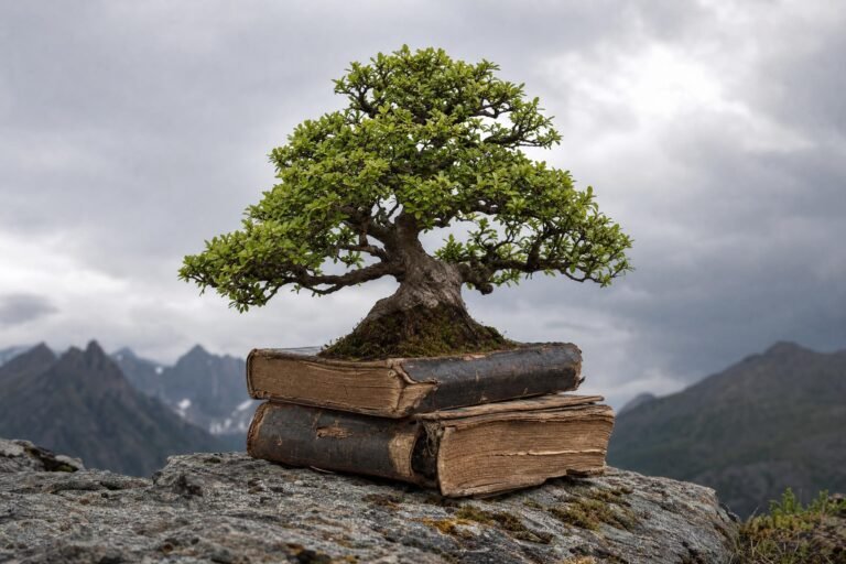 A small green bonsai tree growing out of a stack of old weathered books on a rocky ledge, grey cloudy sky behind, soft overcast light