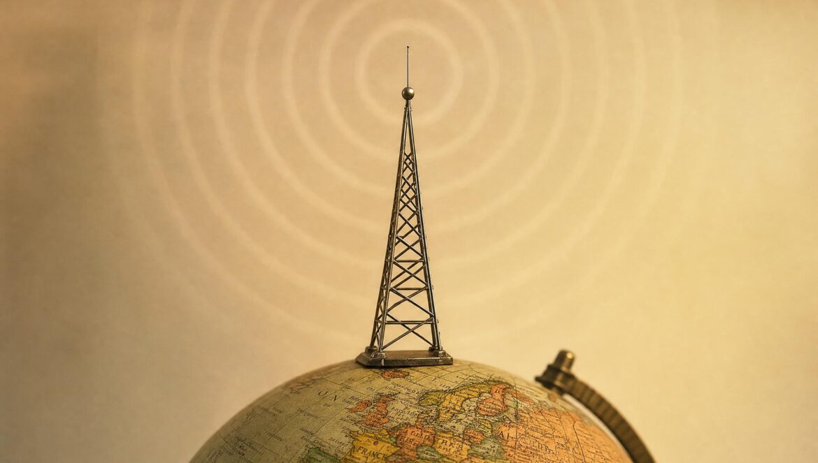A small metal radio tower model standing on top of a desk globe with faint circular signal ripples in warm sepia light behind it | edCircuit A small metal radio tower model standing on top of a desk globe with faint circular signal ripples in warm sepia light behind it
