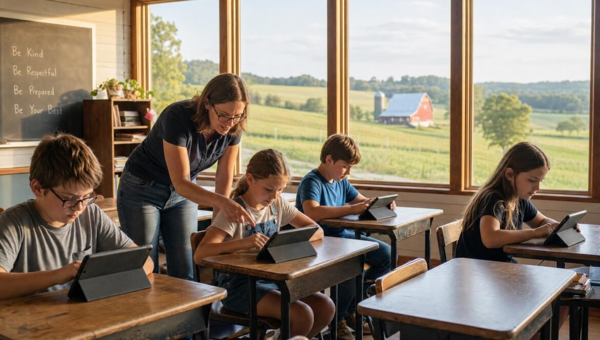 A small rural classroom with students working on tablets at desks while a teacher helps large windows showing rolling farmland and a red barn golden late day