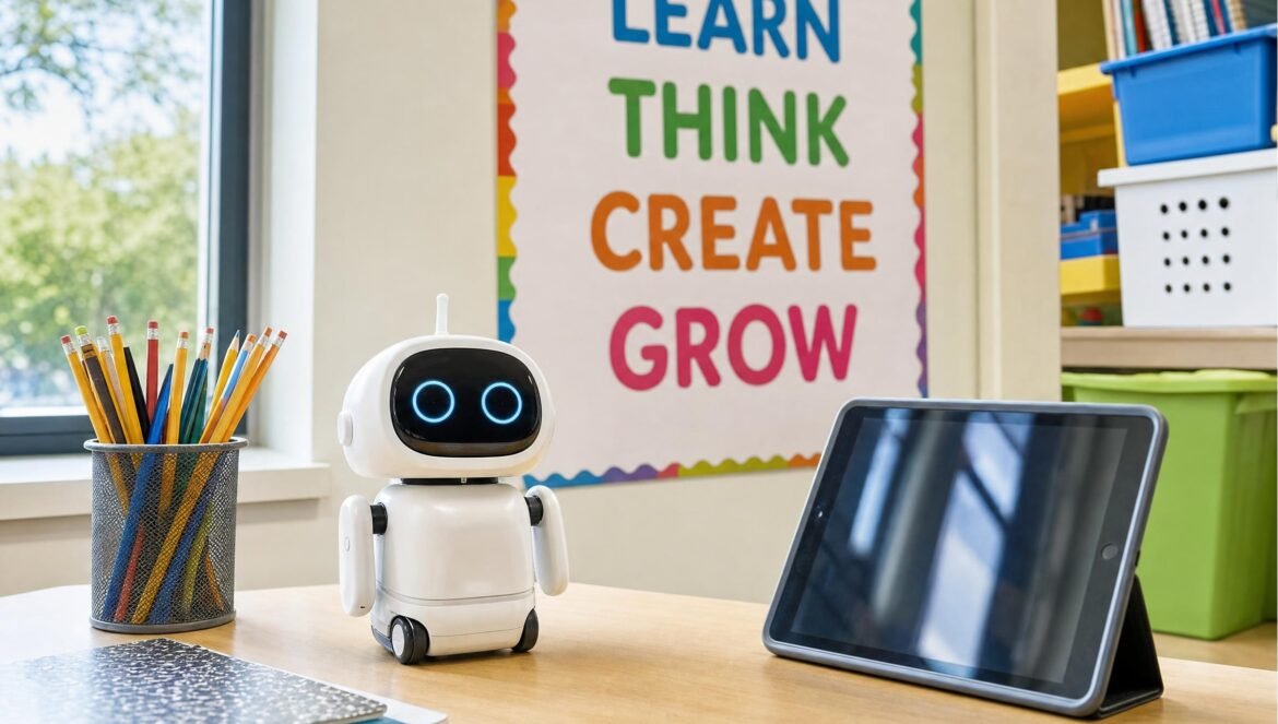 A small white tabletop robot beside a tablet and pencil cup on a classroom desk a colorful poster reading LEARN THINK CREATE GROW on the wall behind bright da