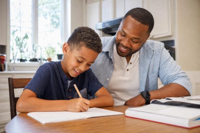 A smiling father sitting at a kitchen table helping his young son with homework, the boy writing in a notebook, warm natural window light