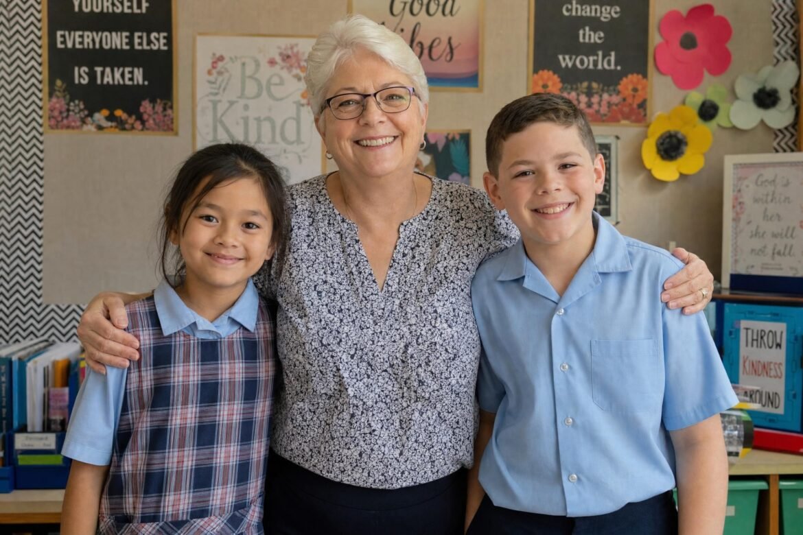 A smiling older woman with glasses standing between a young girl and a boy in a school shirt, arms around them, colorful classroom wall behind, warm indoor ligh