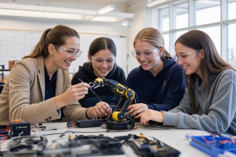 A smiling teacher and three teenage girls in safety goggles building a small robotic arm at a lab table in a bright modern classroom