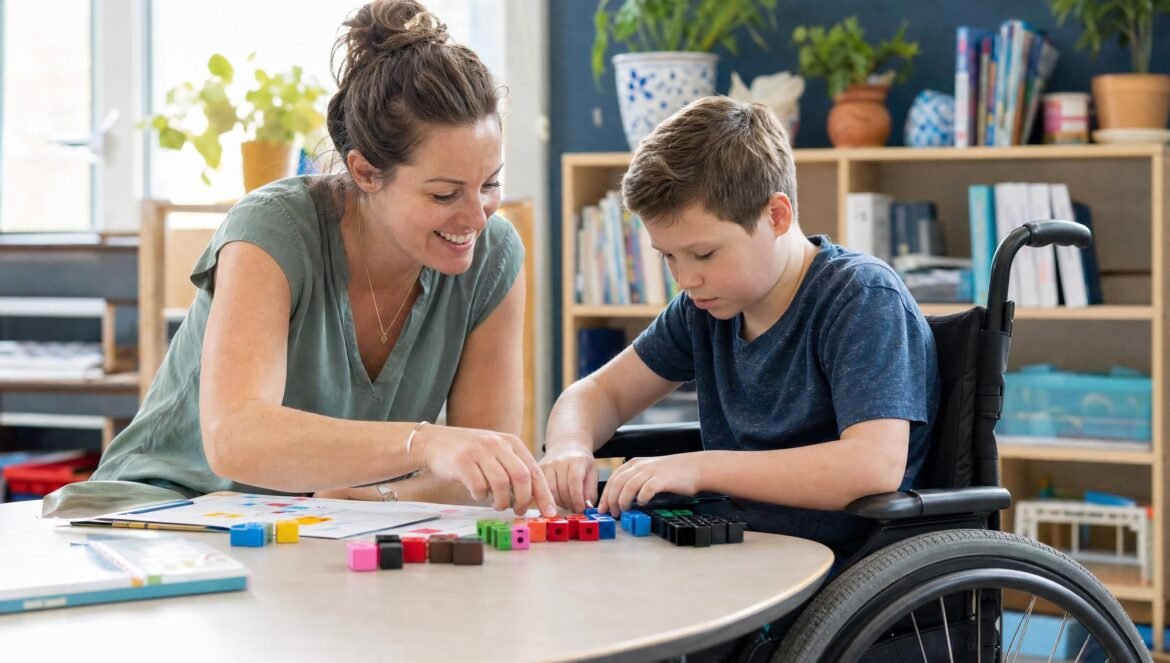 A smiling teacher sitting at a low classroom table helping a young boy in a wheelchair sort colorful counting blocks bookshelves and plants behind soft window
