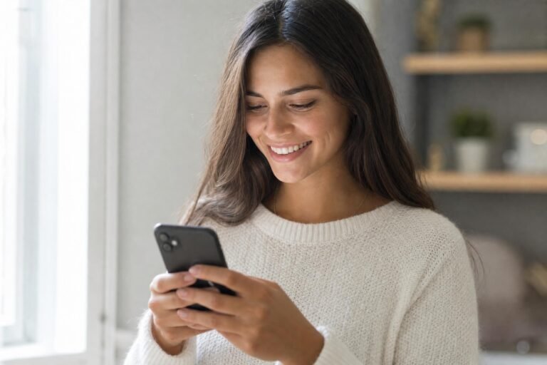 A smiling young woman in a white sweater holding a smartphone with both hands and typing a message, bright window light, close crop
