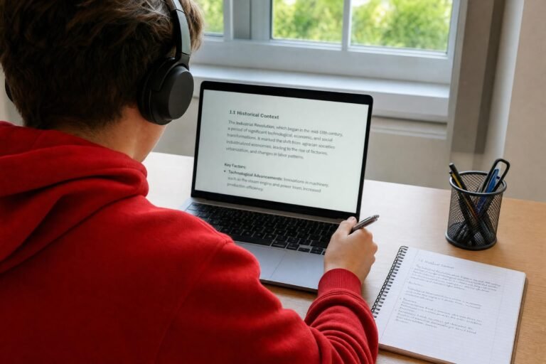 A student in a red hoodie wearing headphones, holding a pen while working on a laptop at a desk, bright daylight