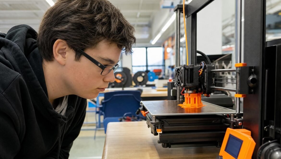 A student in glasses watching closely as a desktop 3D printer builds a small orange plastic part in a bright school makerspace