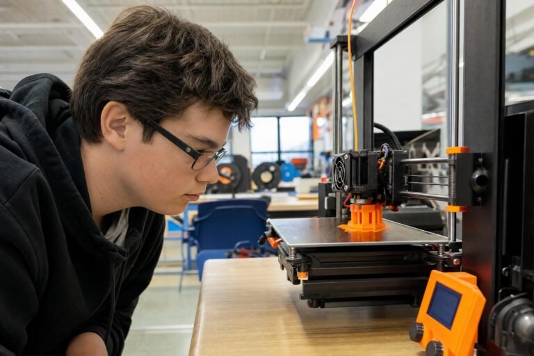 A student in glasses watching closely as a desktop 3D printer builds a small orange plastic part in a bright school makerspace