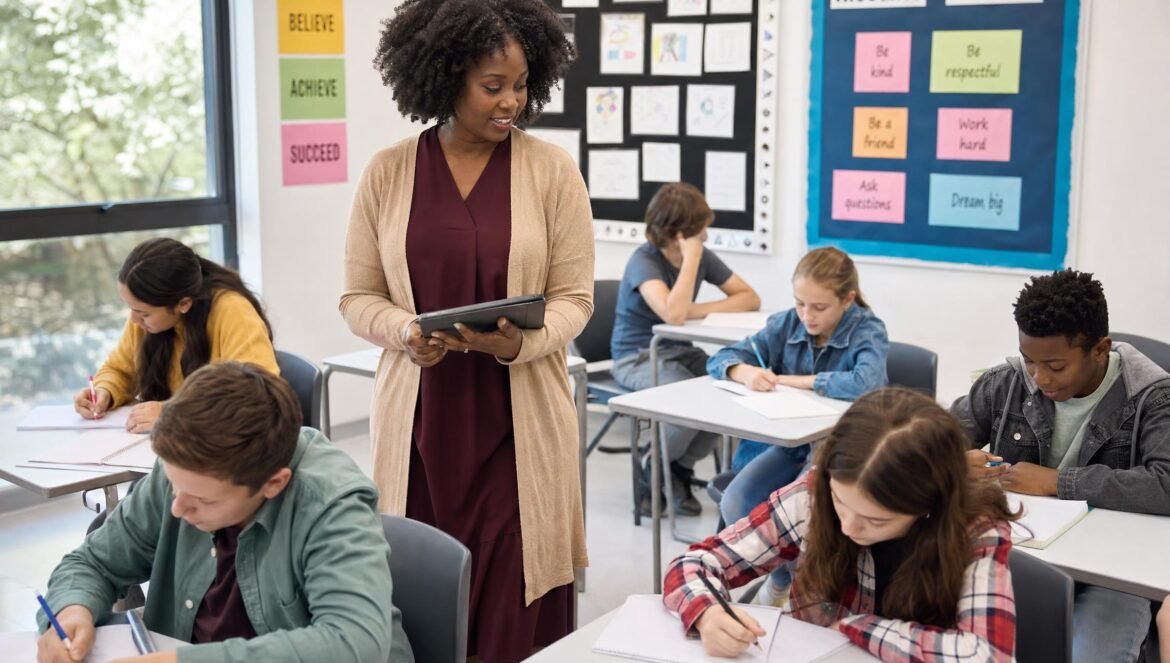 A teacher holding a tablet while walking among students working at desks in a bright modern classroom with colorful wall posters