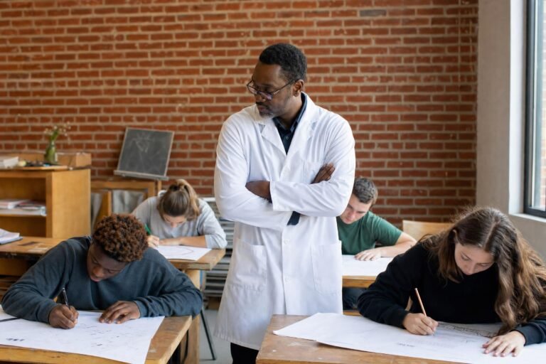 A teacher in a white lab coat standing with arms folded watching students write on large sheets of paper at wooden desks in a brick-walled classroom