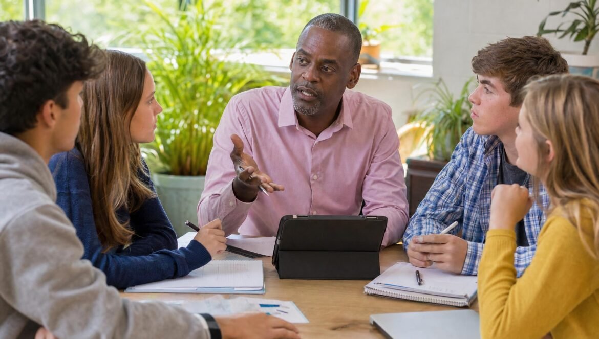 A teacher sitting with a small group of high school students around a classroom table gesturing as they discuss notes and a tablet sunny windows and plants be | edCircuit A teacher sitting with a small group of high school students around a classroom table gesturing as they discuss notes and a tablet sunny windows and plants be