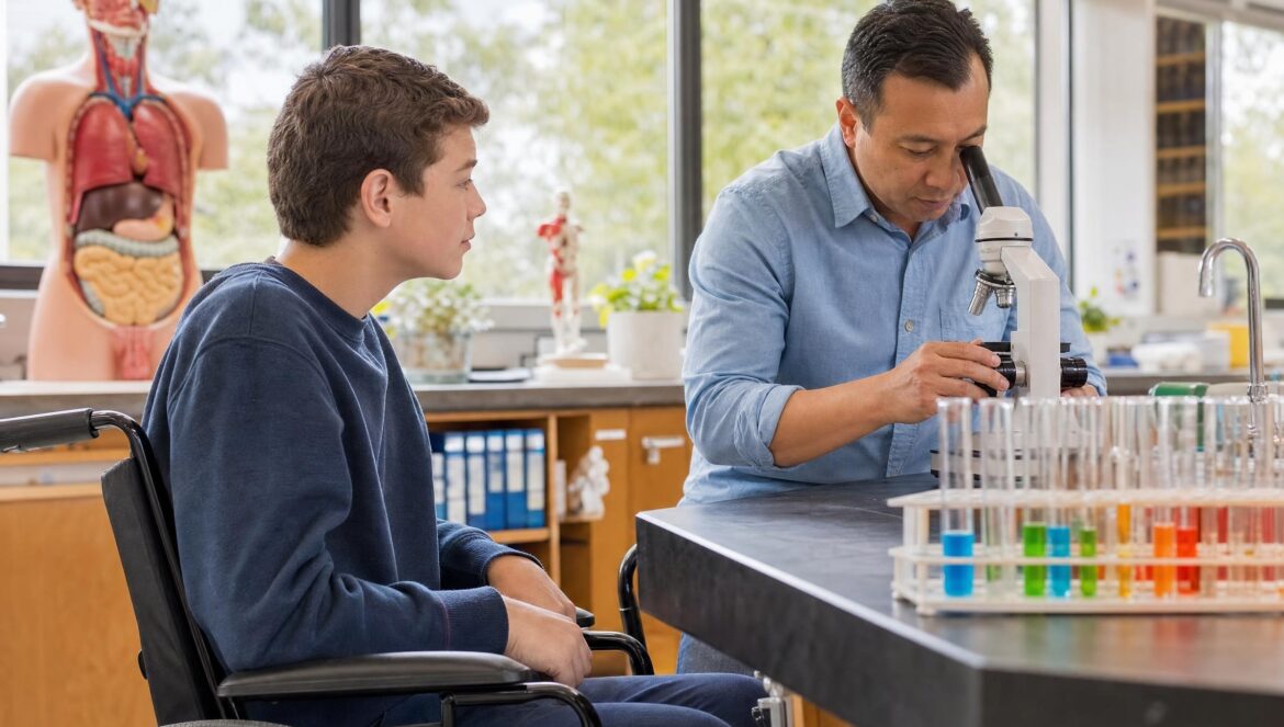 A teenage student in a wheelchair at a bright school science lab bench beside a teacher looking into a microscope test tubes on the table daylight windows | edCircuit A teenage student in a wheelchair at a bright school science lab bench beside a teacher looking into a microscope test tubes on the table daylight windows