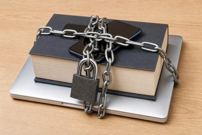 A thick hardcover book, a laptop and a smartphone stacked together and wrapped tightly in a steel chain with a padlock, on a plain wooden desk