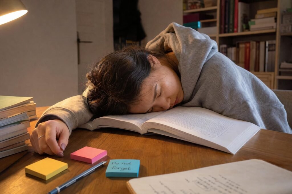 A tired college student asleep with her head resting on an open textbook at a wooden desk a pencil and sticky notes beside her warm lamp light | edCircuit A tired college student asleep with her head resting on an open textbook at a wooden desk a pencil and sticky notes beside her warm lamp light